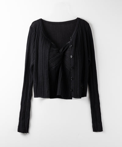 【 2点セット 】ツイストリブニットキャミソール ＋シアーリブショートカーディガン SET ／ twisted rib knit camisole + sheer rib short cardigan SET
