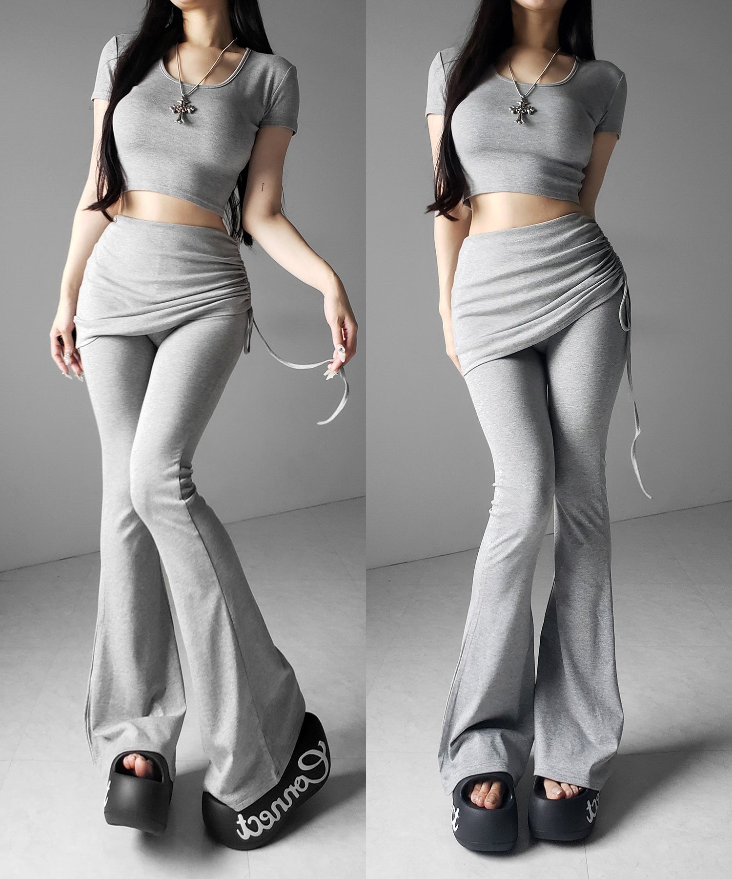 【 ワンホンセットアップ 】スクエアショートＴシャツ＋サイドシャーリングフレアパンツ ＳＥＴ ／ 【 SETUP 】square neck short T-shirts + side shirring flare pants