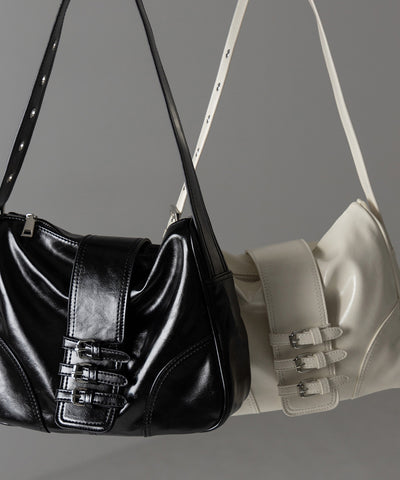 【 ３color 】ベルテッドフェイクレザーショルダーバッグ ／ belted fake leather shoulder bag