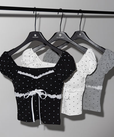 ドットレースリボンギャザーオフショルトップス ／ dot lace ribbon gathered off shoulder tops