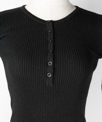 【 セットアップ 】ヘンリーネックスリムリブニットトップス＆ニットショートパンツ SET ／ henley neck slim rib knit tops ＆ knit short pants SET