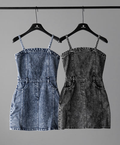 【 セットアップ着用可能 】ヴィンテージケミカルブリーチストラップデニムキャミワンピース ／ vintage chemical bleach strap denim cami onepiece