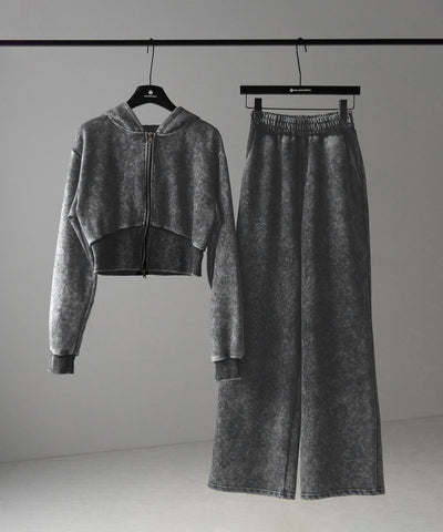【 セットアップ 】ピグメントヴィンテージショートパーカー ＋ ワイドパンツ SET ／ pigment vintage short hoodie + wide pants SET