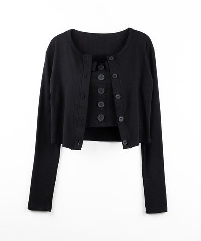 【 2点セット 】フロントボタンベアトップ ＋ クロップドカットソーカーディガン SET ／ front button bare top + cropped cutsaw cardigan SET
