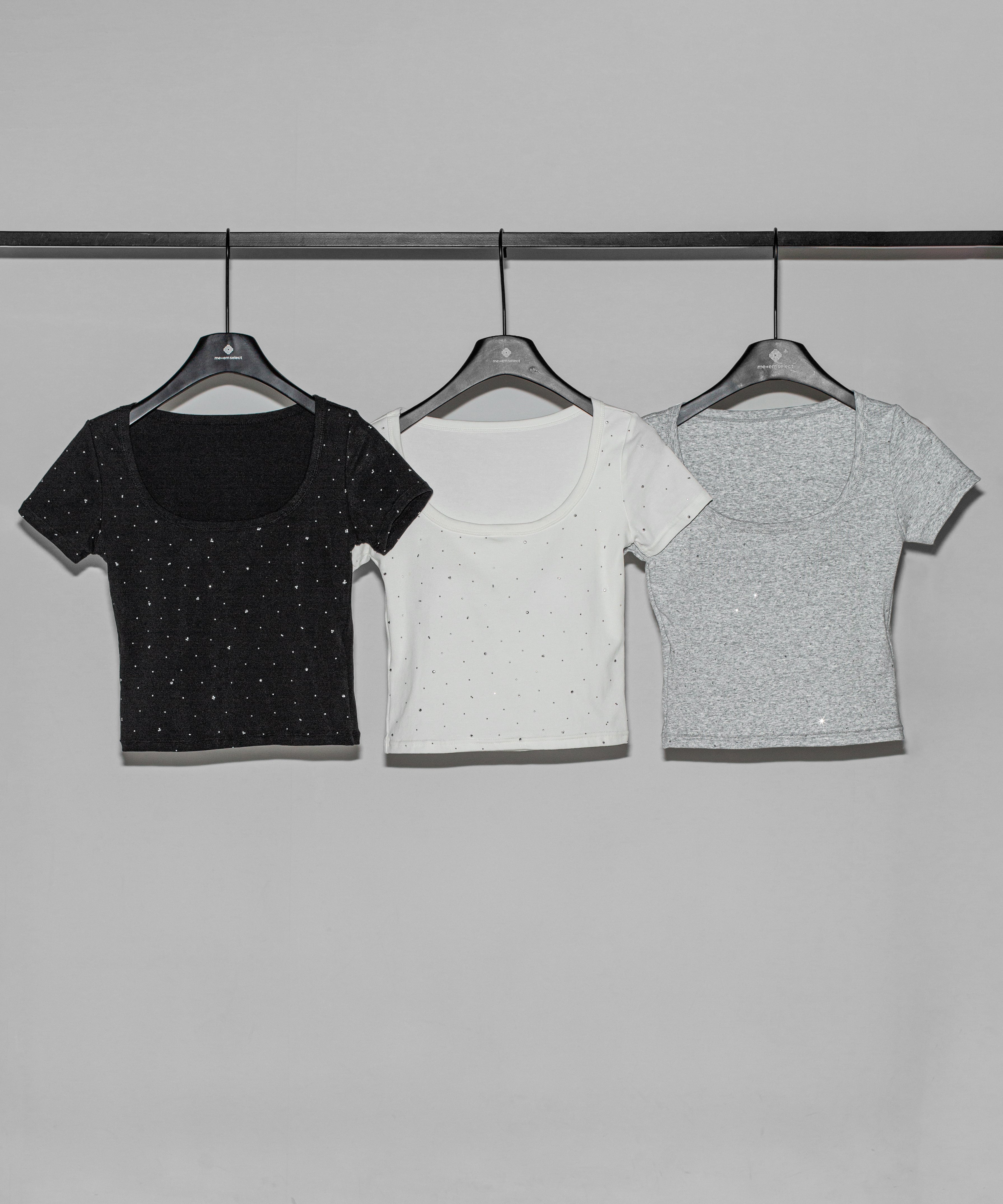 ラインストーンスクエアネックタイトＴシャツ ／Rhinestone square neck tight T-shirt