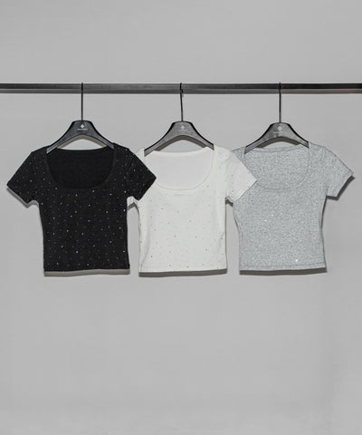 ラインストーンスクエアネックタイトＴシャツ ／Rhinestone square neck tight T-shirt