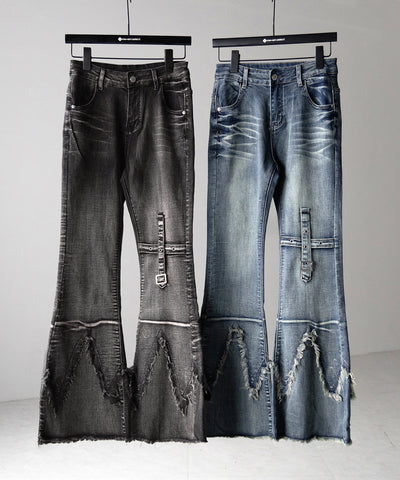 【 ２color ／ ４size 】クロスデザインヴィンテージライクフリンジストレッチフレアデニム ／ cross design vintage-like fringe stretch flare denim