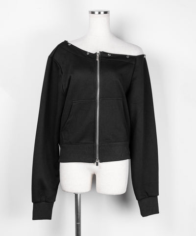 【 セットアップ 】ファーダブルジップワンショルスウェット＆タックワイドスウェットパンツ ／ Fur double-zip one-shoulder sweatshirt ＆ tuck wide sweatpants SETUP