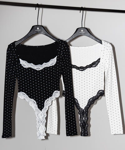 ドットカットアウトレースポイントボディスーツトップス ／dot cutout lace point bodysuit tops