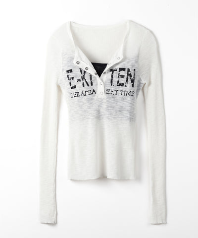 ヘンリーネックフェイクレイヤードロゴ長袖シアーニットトップス ／ henly neck fake layered logo longsleeve sheer rib knit tops