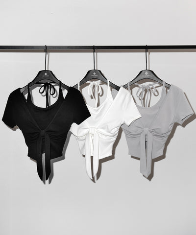 フロントリボンレイヤードトップス ＋ ホルターキャミ  ＳＥＴ  ／ front ribbon layered tops ＋ halter camisole SET