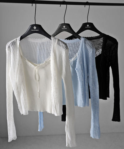 【 ２点セット 】レースリボンニットキャミソール ＋ シアーリブニットカーディガン ／ lace ribbon knit camisole ＋ sheer lib knit cardigan