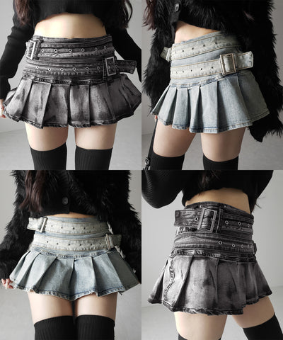 【 インパン裏地付 】ダブルベルトヴィンテージデニムプリーツミニスカート ／ double belt vintage denim pleats mini skirt