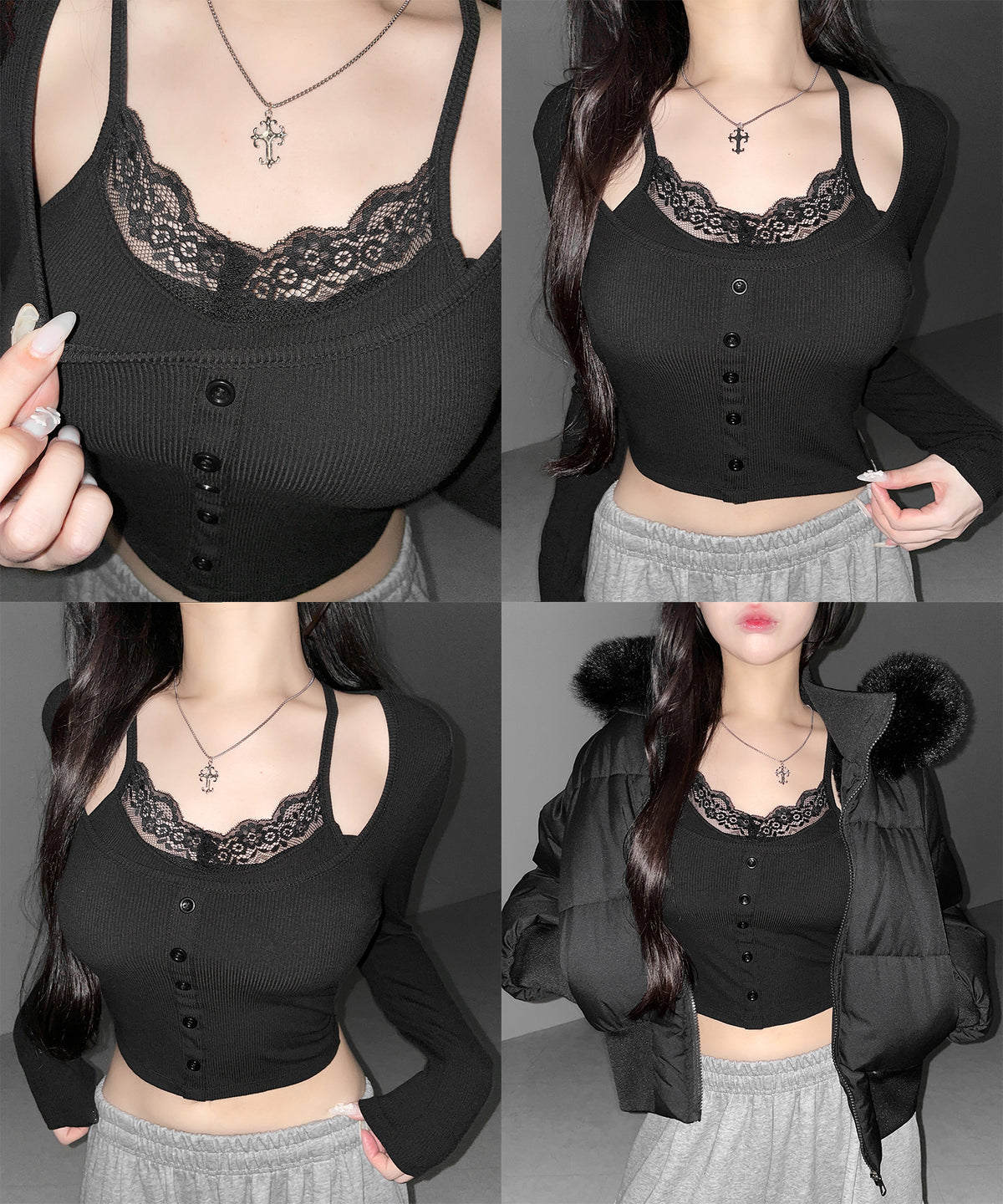 レースキャミスクエアネック長袖リブＴシャツ ／ Lace camisole square neck long-sleeve ribbed T-shirt