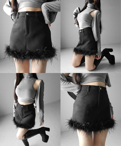 【 インナーパンツ裏地付 】ファードッキングウールライクレディミニスカート ／ fur docking woollike lady mini skirt