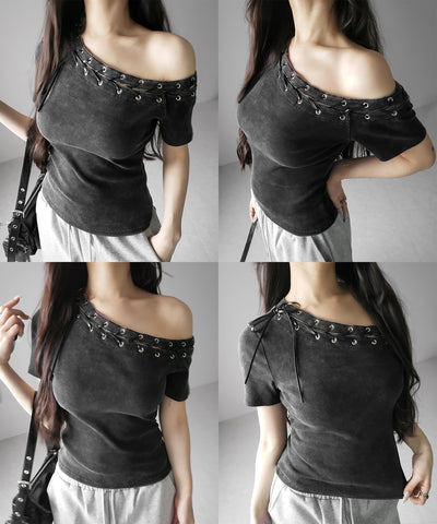 ヴィンテージカットアウトレースアップ半袖ワンショルリブトップス ／ vintage cutout laceup short sleeve one shoulder lib tops
