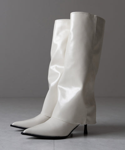 【 ２color 】ポインテッドトゥフェイクレザーカバーロングブーツ ／ pointed toe fake leather covered long boots