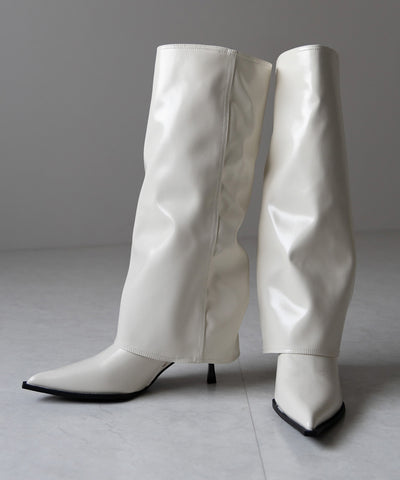 【 ２color 】ポインテッドトゥフェイクレザーカバーロングブーツ ／ pointed toe fake leather covered long boots