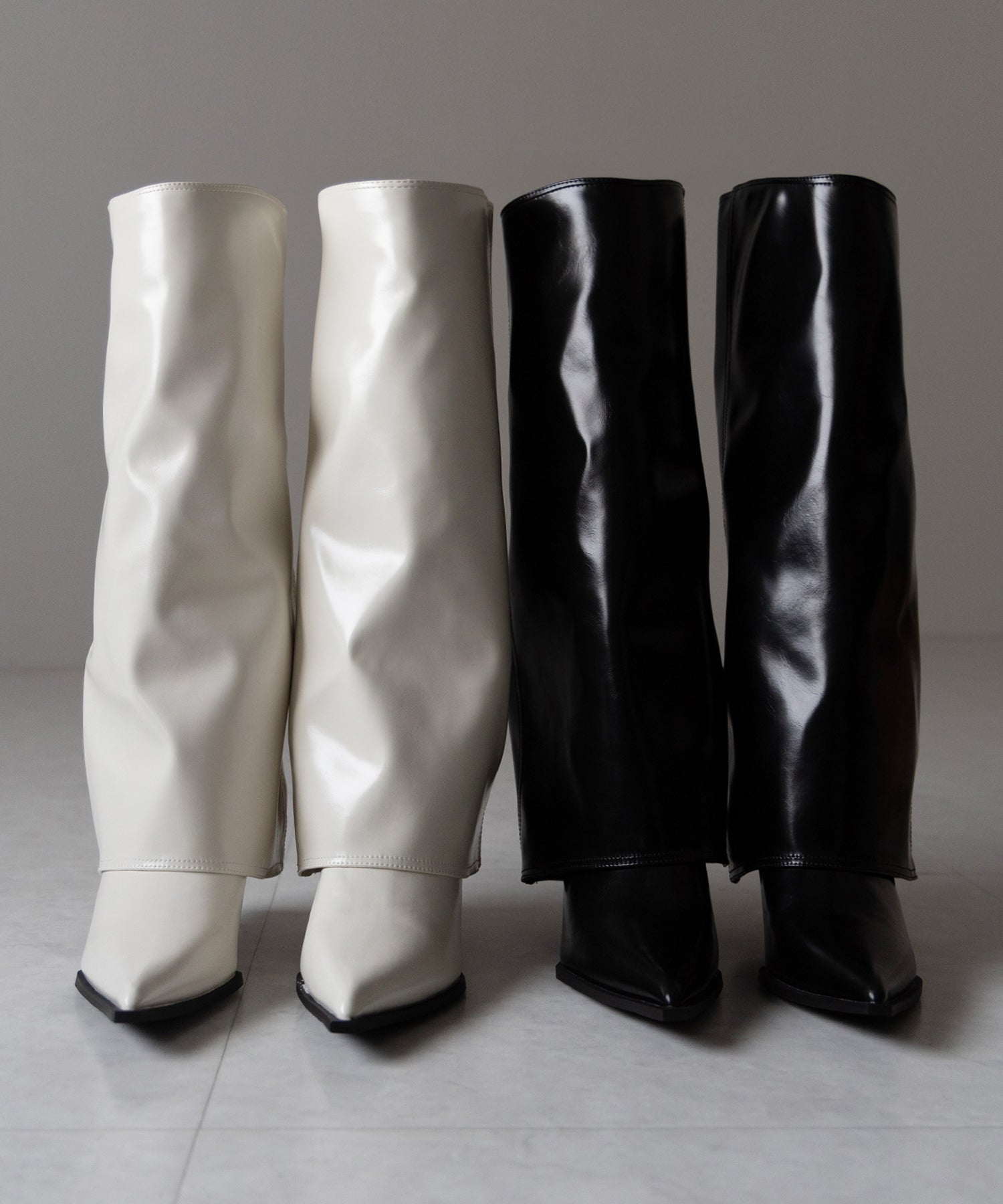 【 ２color 】ポインテッドトゥフェイクレザーカバーロングブーツ ／ pointed toe fake leather covered long boots