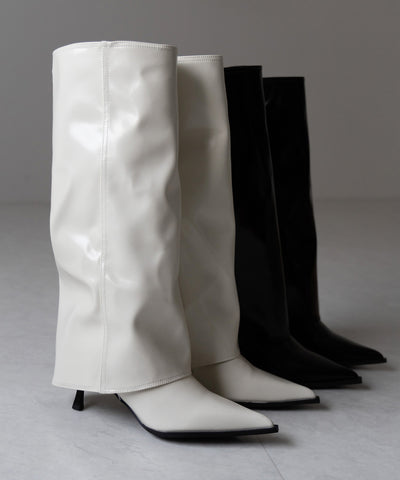 【 ２color 】ポインテッドトゥフェイクレザーカバーロングブーツ ／ pointed toe fake leather covered long boots