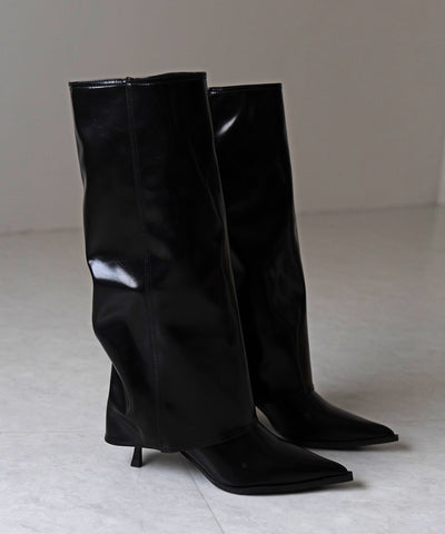 【 ２color 】ポインテッドトゥフェイクレザーカバーロングブーツ ／ pointed toe fake leather covered long boots
