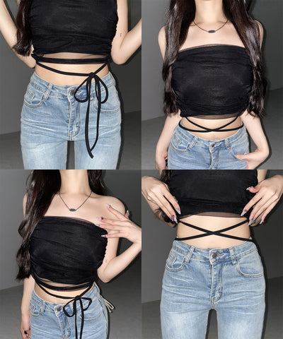 ウエストクロスチュールドッキングベアトップ ／ waist cross tulle docking bare top