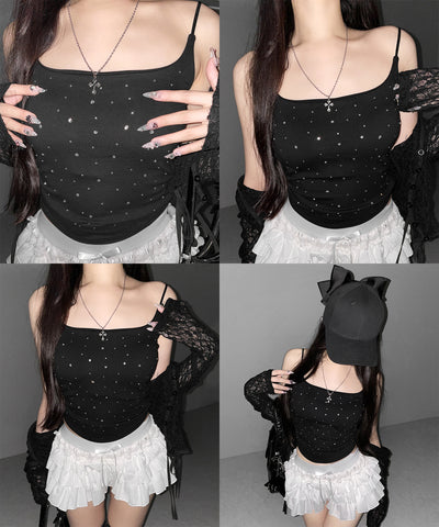 ラインストーンスクエアネックスリムキャミソール ／ Rhinestone square neck slim camisole