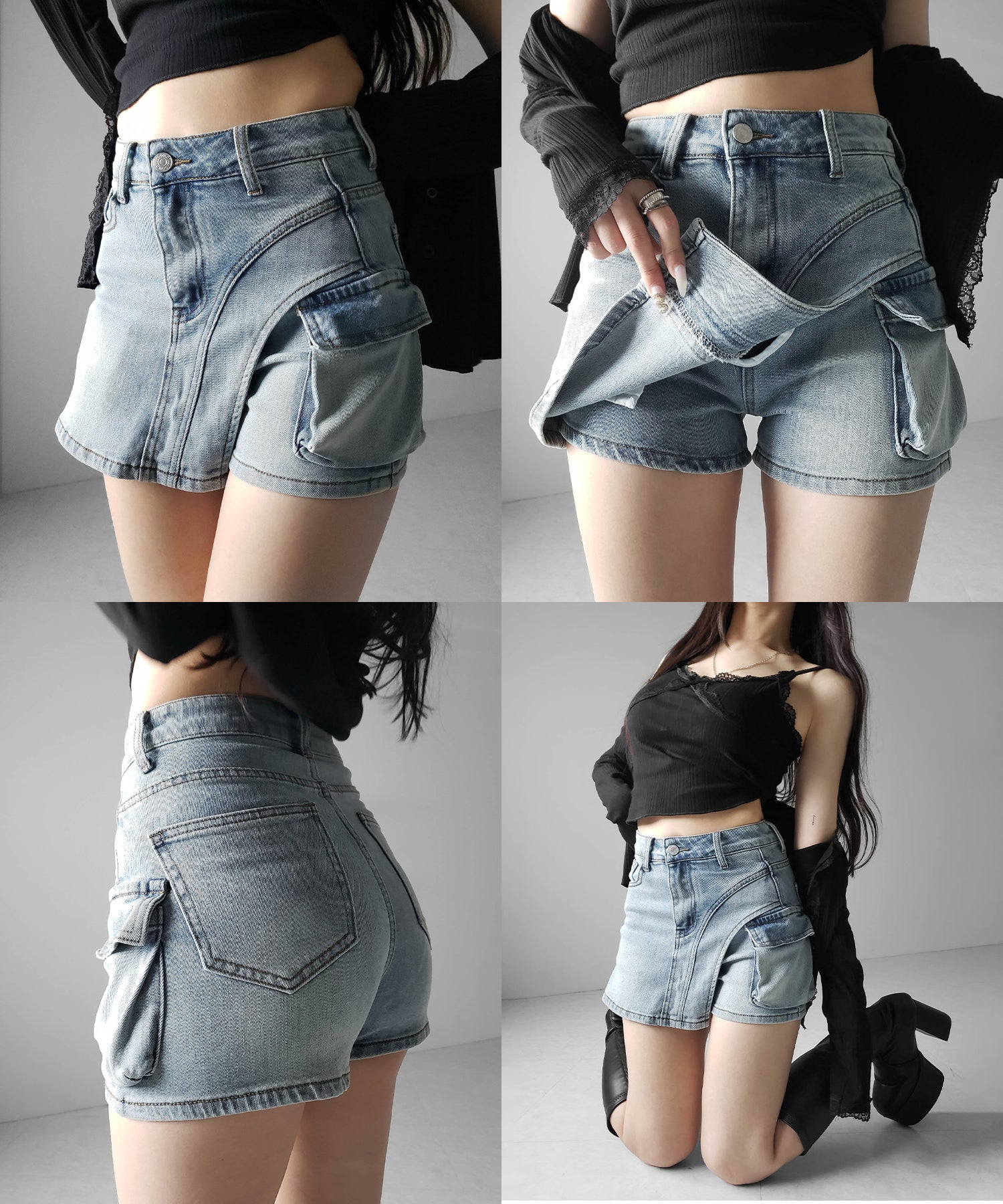 カーゴポケットレイヤードデニムミニスカパン ／ cargo pocket layered denim mini skirt pants