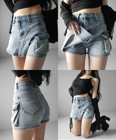 カーゴポケットレイヤードデニムミニスカパン ／ cargo pocket layered denim mini skirt pants