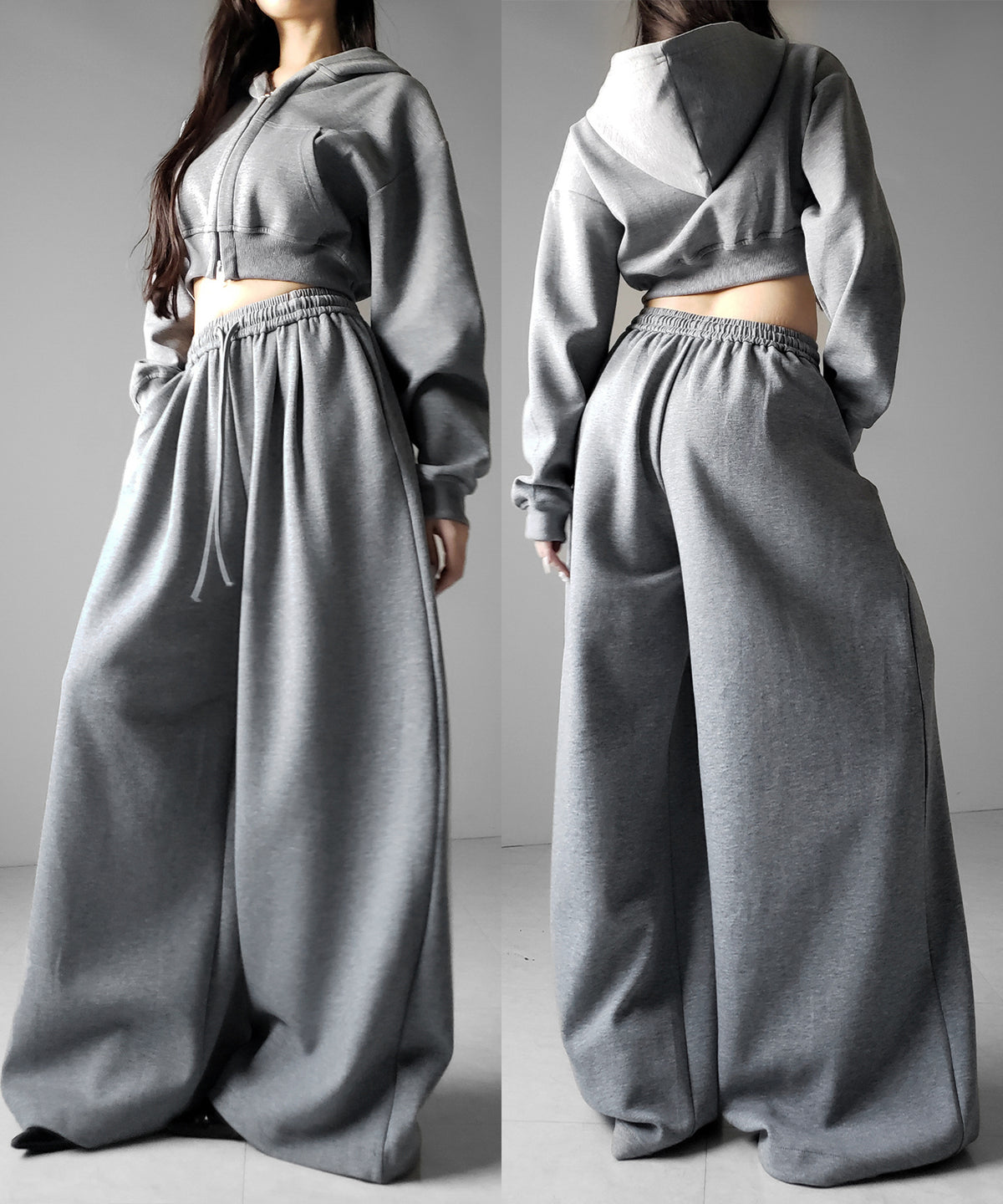 【 セットアップ 】ダブルジップショートパーカー ＋ タックワイドスウェットパンツ SET ／ double zip short hoodie + tuck wide sweat pants SET