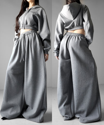 【 セットアップ 】ダブルジップショートパーカー ＋ タックワイドスウェットパンツ SET ／ double zip short hoodie + tuck wide sweat pants SET