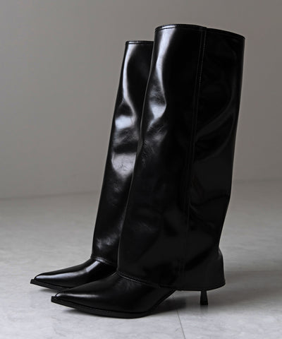 【 ２color 】ポインテッドトゥフェイクレザーカバーロングブーツ ／ pointed toe fake leather covered long boots