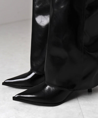 【 ２color 】ポインテッドトゥフェイクレザーカバーロングブーツ ／ pointed toe fake leather covered long boots