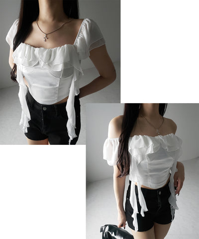 【 ２color ／ ２WAY 】シアーフリルコルセットサテンショートブラウス ／ sheer frill corset satin short blouse