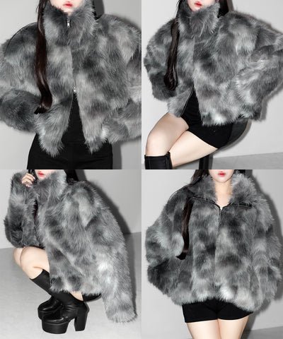 ダブルジップスタンドカラーニュアンスファージャケット ／ double zip stand collar nuance fur jacket