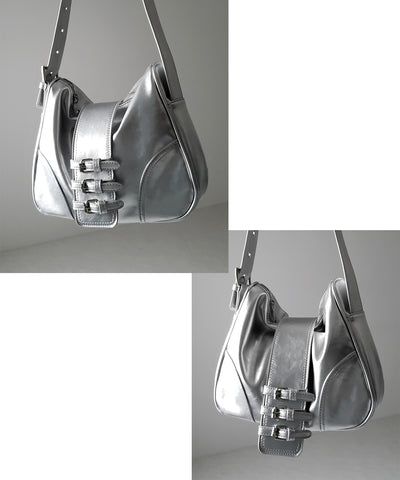 【 ３color 】ベルテッドフェイクレザーショルダーバッグ ／ belted fake leather shoulder bag