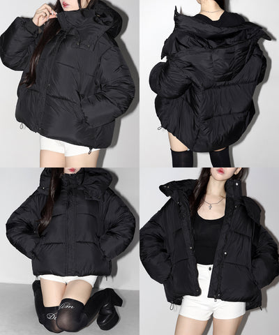 スタンドネックボリュームフーディ中綿パフジャケット ／ Stand-neck volume hooded fake down puff jacket