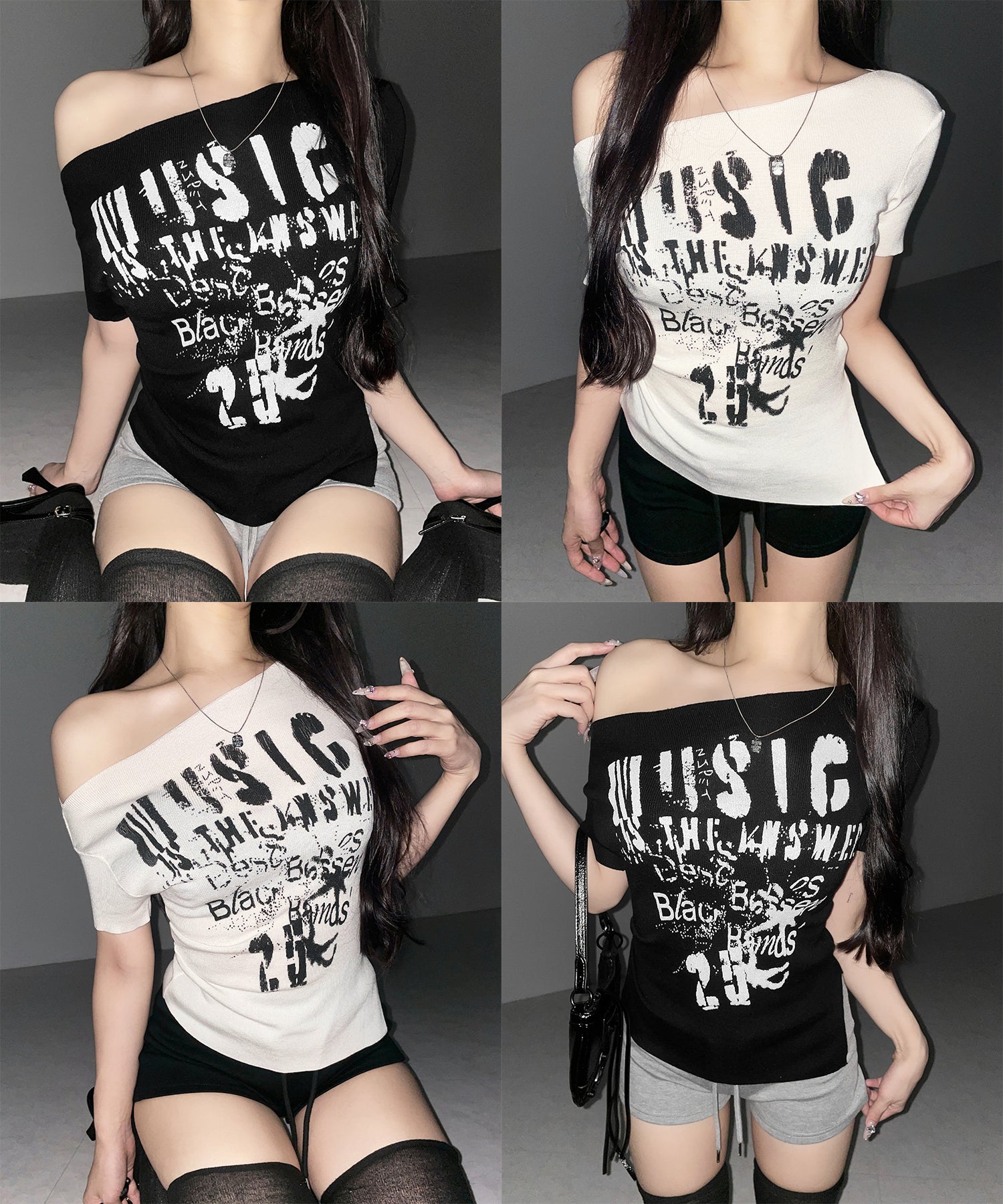 グランジロゴプリント半袖スリムニットトップス ／ grunge logo print shortsleeve slim knit tops