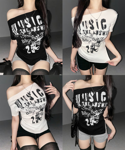 グランジロゴプリント半袖スリムニットトップス ／ grunge logo print shortsleeve slim knit tops