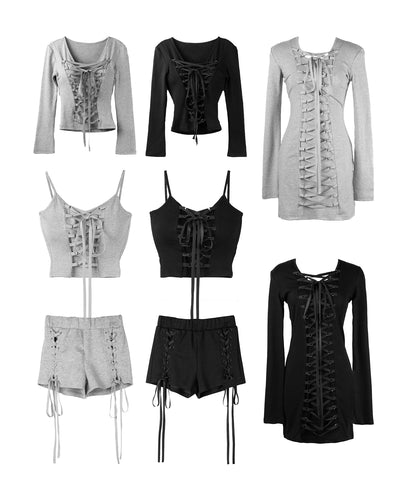【 新色ピンク追加！ ／３WAY 】レースアップコルセットリボンチョーカートップス ／ lace up corset ribbon choker tops