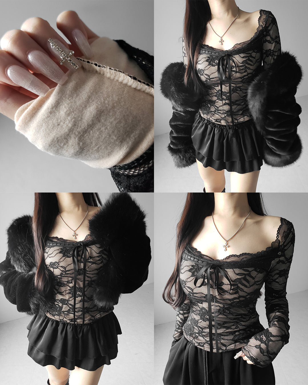 【 裏起毛 】フロントリボンレースレイヤードスクエアネックトップス ／ urakimo front ribbon lace layered square neck