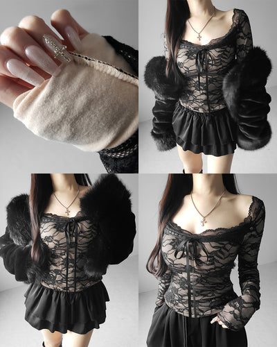 【 裏起毛 】フロントリボンレースレイヤードスクエアネックトップス ／ urakimo front ribbon lace layered square neck