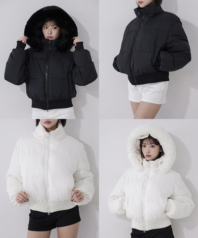 【 フード取り外し可能２ＷＡＹ 】フェイクファーフードショート中綿ジャケット ／ 2WAY fake fur hoodie short fake down jacket