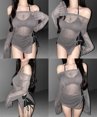 【 レディース水着／３点セット 】シアートップス付き　シャーリングリボンホルターネックハイウエストビキニ ／ ( 3piece ) sheer tops SET shirring ribbon halter neck high waist bikini