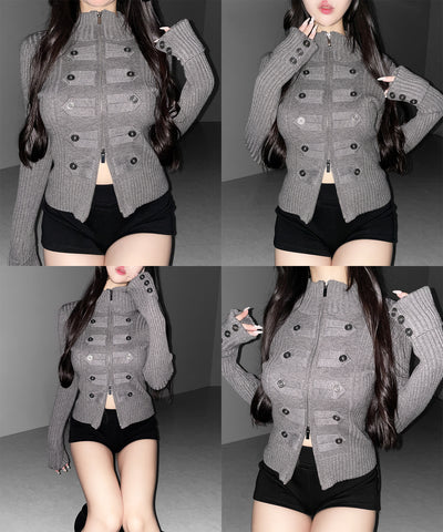 ナポレオンジップアップスリムリブニットカーディガン ／ Napoleon zipup slim rib knit cardigan