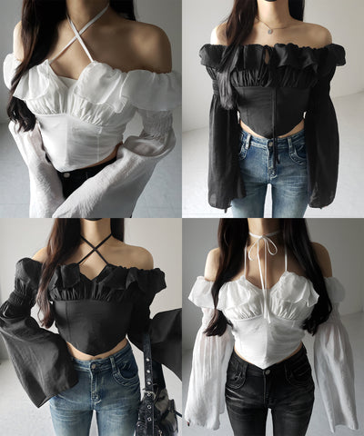 【 ２color ／ ３WAY 】チョーカーリボンフレアスリーブオフショルブラウス ／ choker ribbon flare sleeve off-shoulder blouse