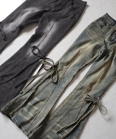 【 ２color ／ ４size 】ストラップリボンヴィンテージストレッチフレアデニム ／ strap ribbon vintage stretch flare denim