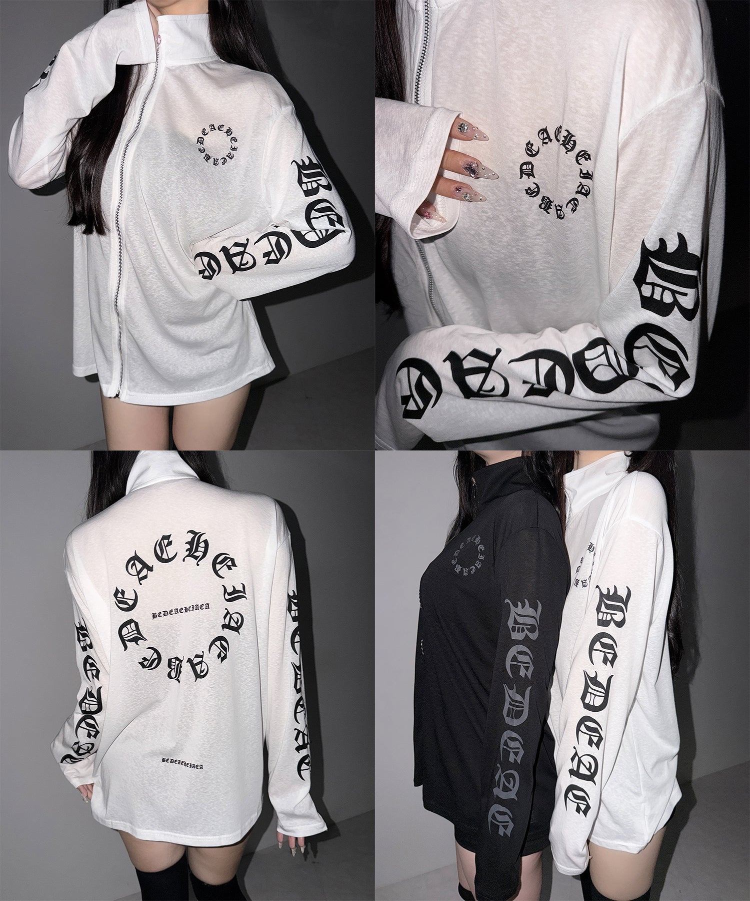 グランジロゴスタンドジップアップオーバーシアートップス ／ grunge logo stand zipup over sheer tops