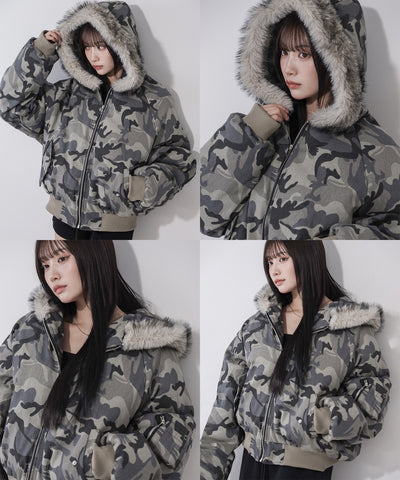 カモフラフェイクファーフーディ中綿ジャケット ／ camouflage fake fur hoodie down jacket