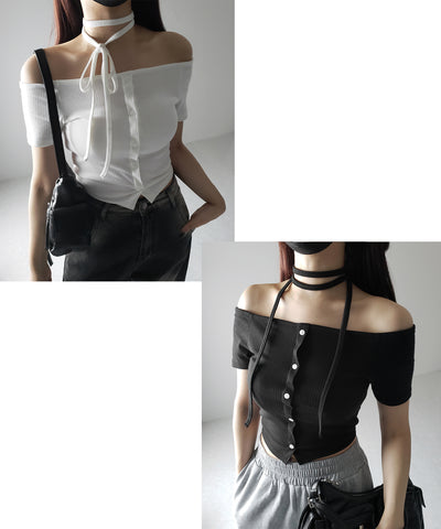 【 ２WAY 】ストラップリボンオフショルダーリブトップス ／ strap ribbon off shoulder rib tops